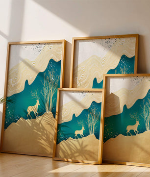 Elegante abstrakte Kunst mit goldenem Hirsch und Naturthema