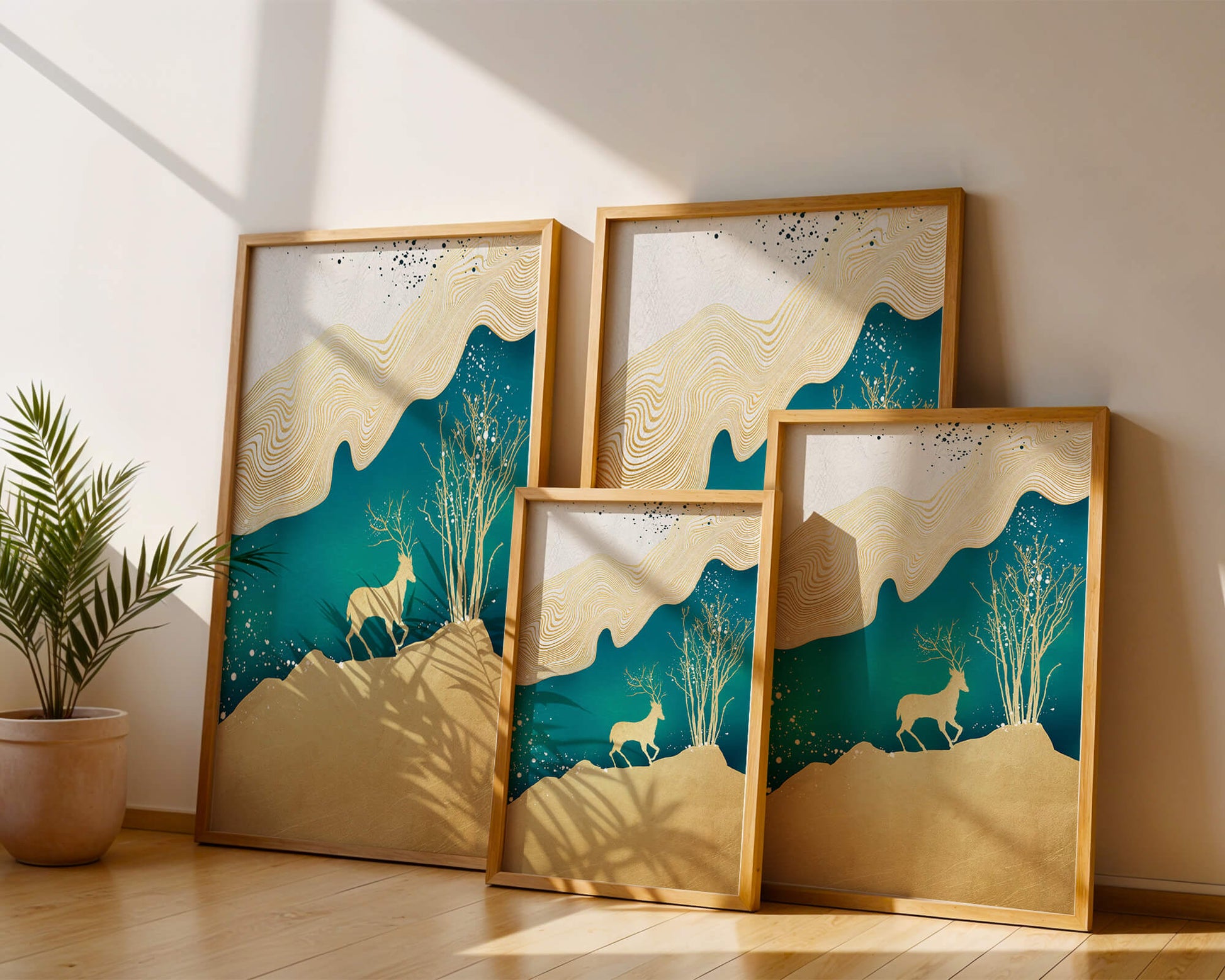 Elegante arte abstracto con ciervos dorados y temática de naturaleza.