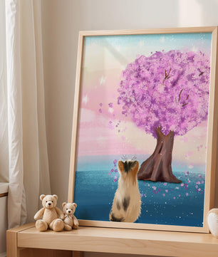 Serene scene with cat and blossoming cherry tree at sunrise