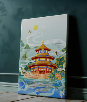 Alter chinesischer Pavillon am Wasser mit Kranichen und Bergen