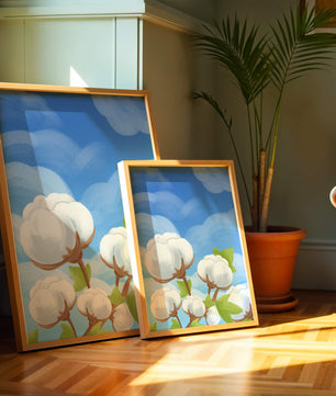 Künstlerische Illustration von Baumwollpflanzen vor einem klaren blauen Himmel