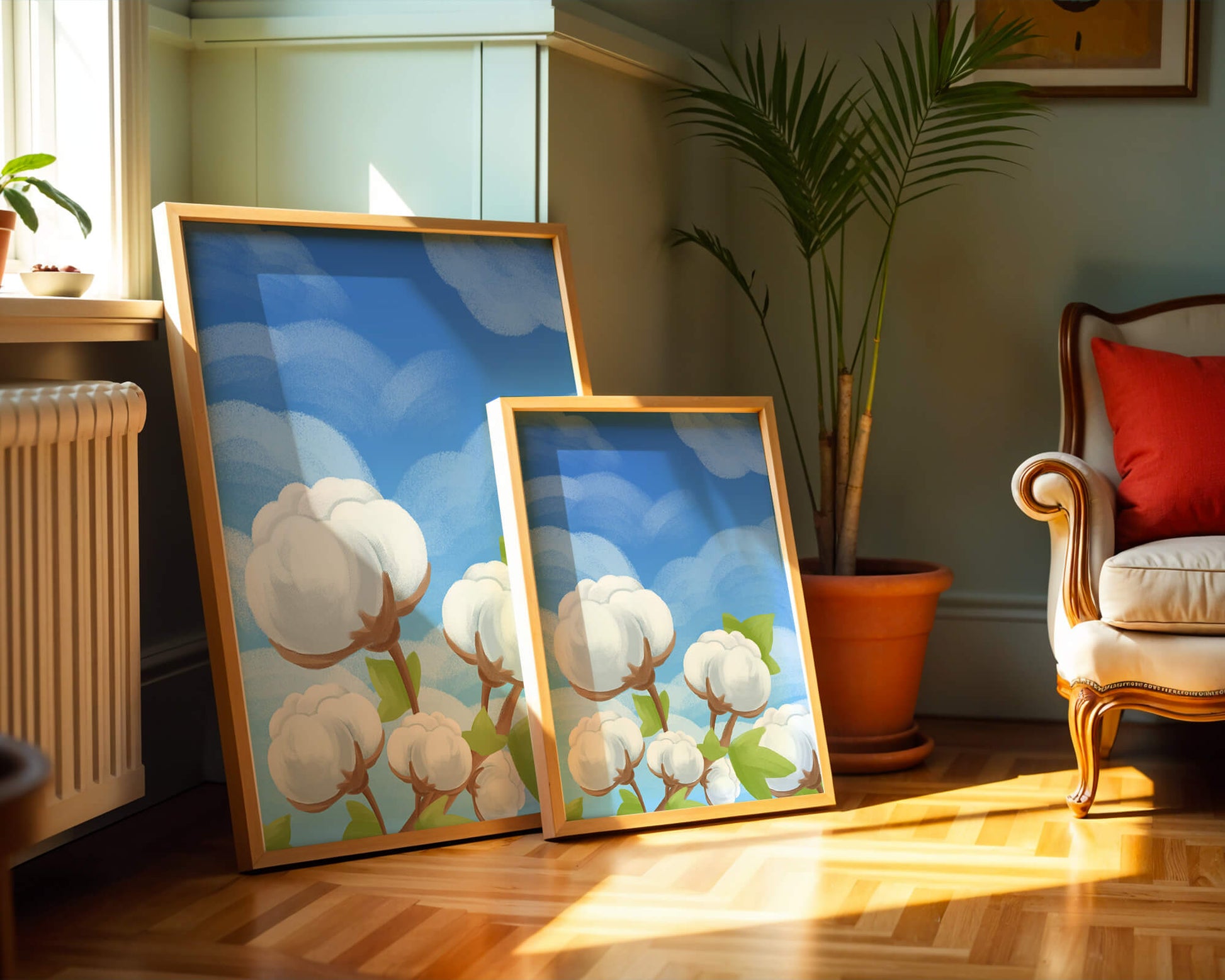 Künstlerische Illustration von Baumwollpflanzen vor einem klaren blauen Himmel