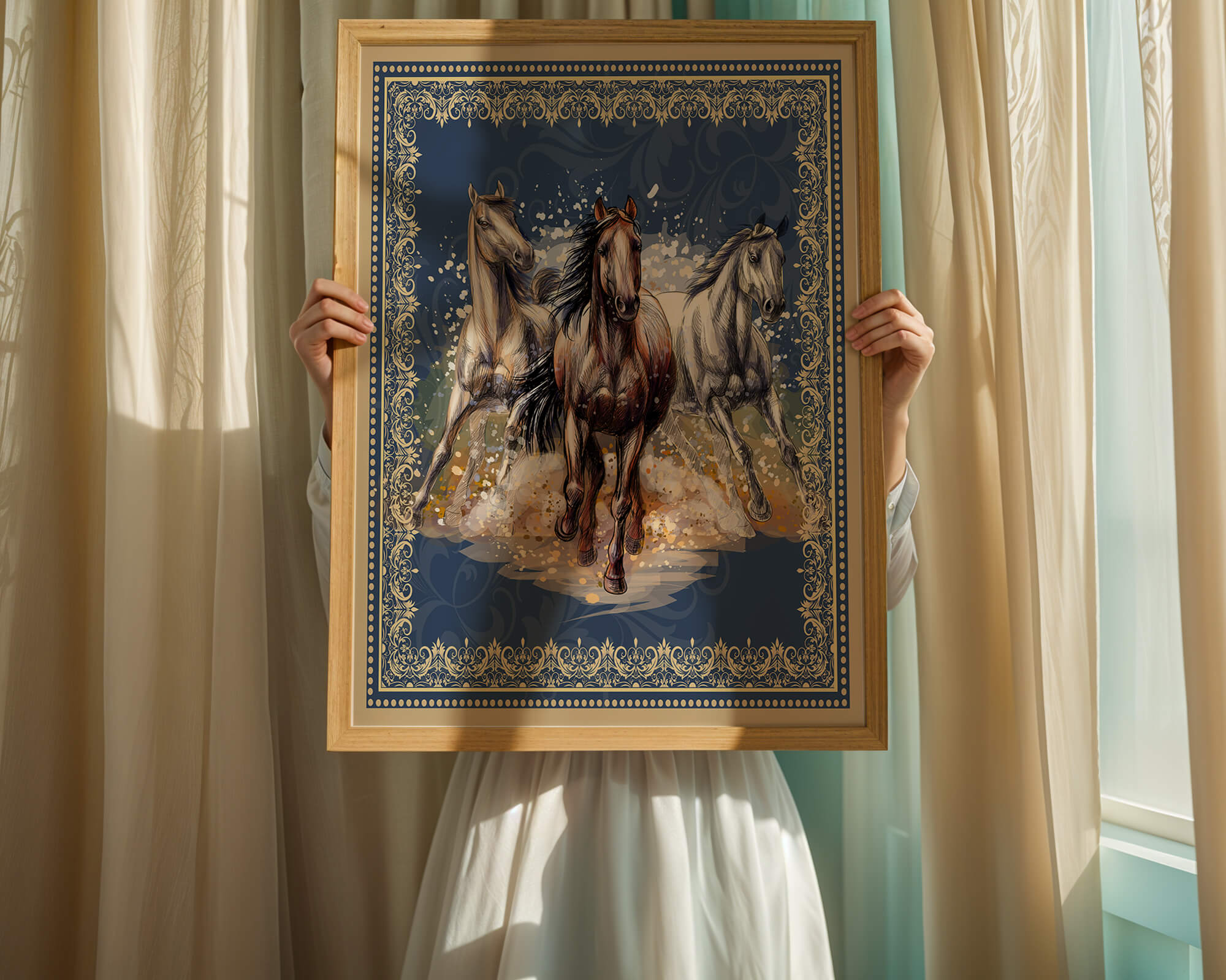 Running horses framed with elegant golden border on a blue background