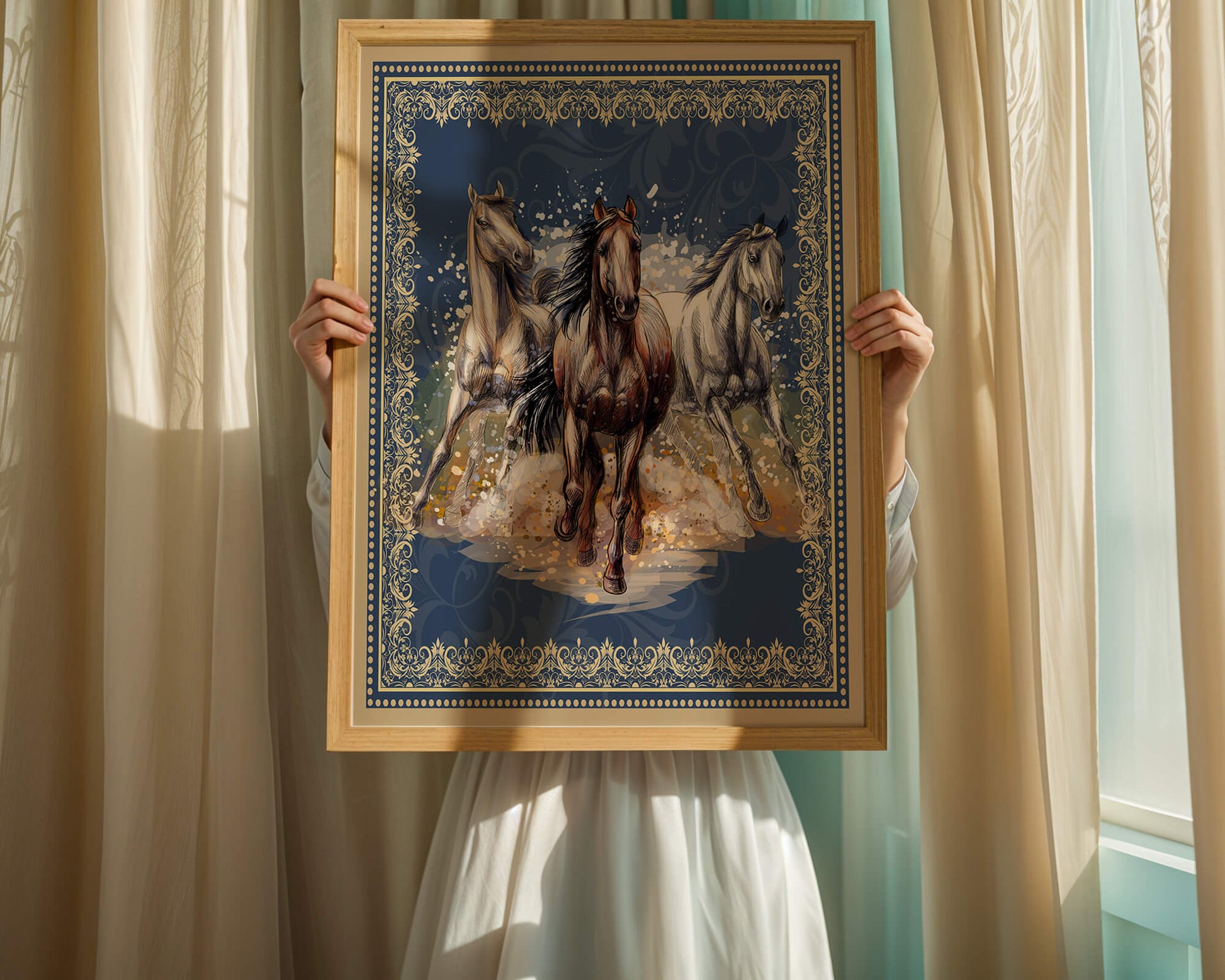 Running horses framed with elegant golden border on a blue background