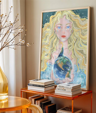 Fantasy artwork of woman holding earth with shimmering details