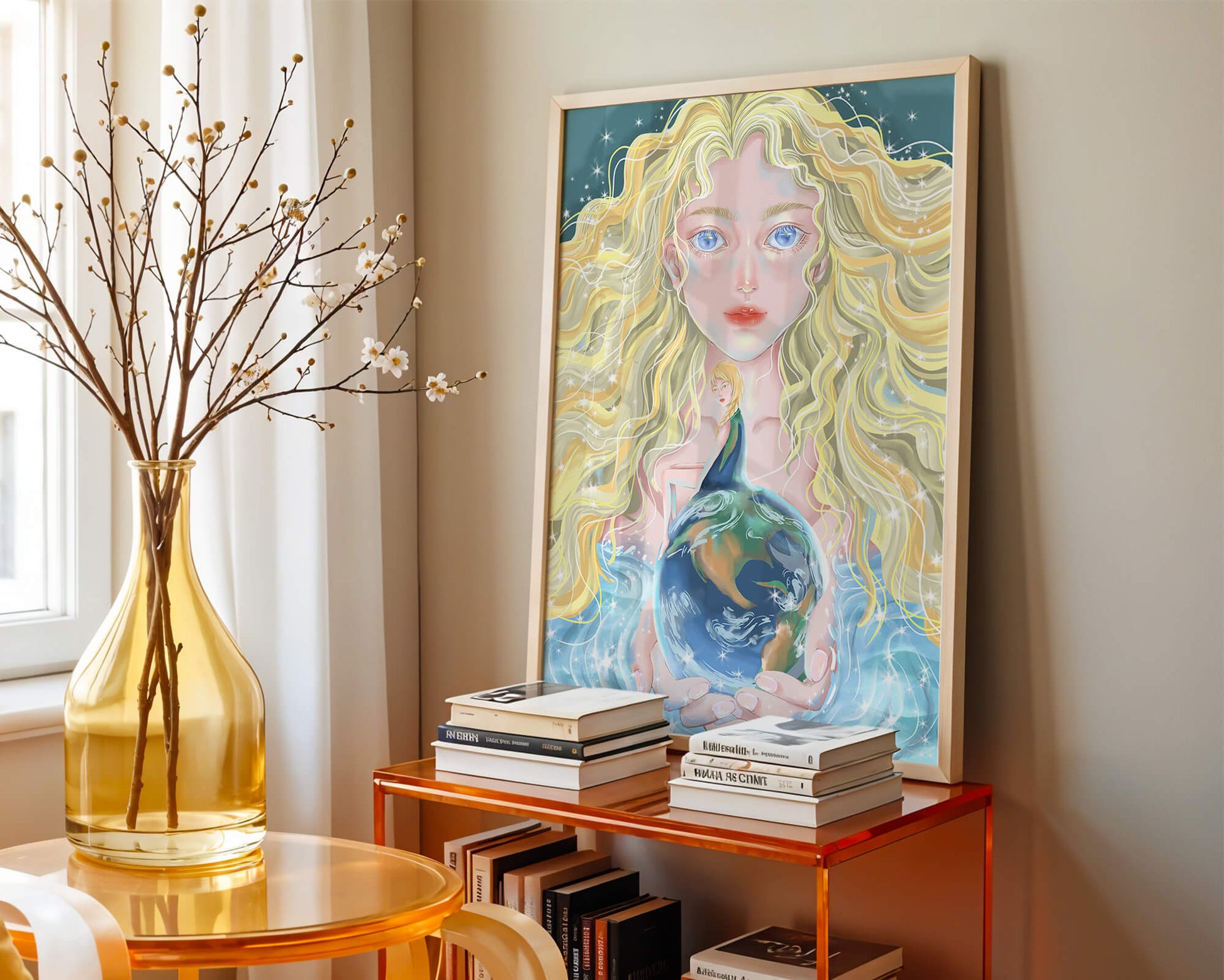 Fantasy artwork of woman holding earth with shimmering details