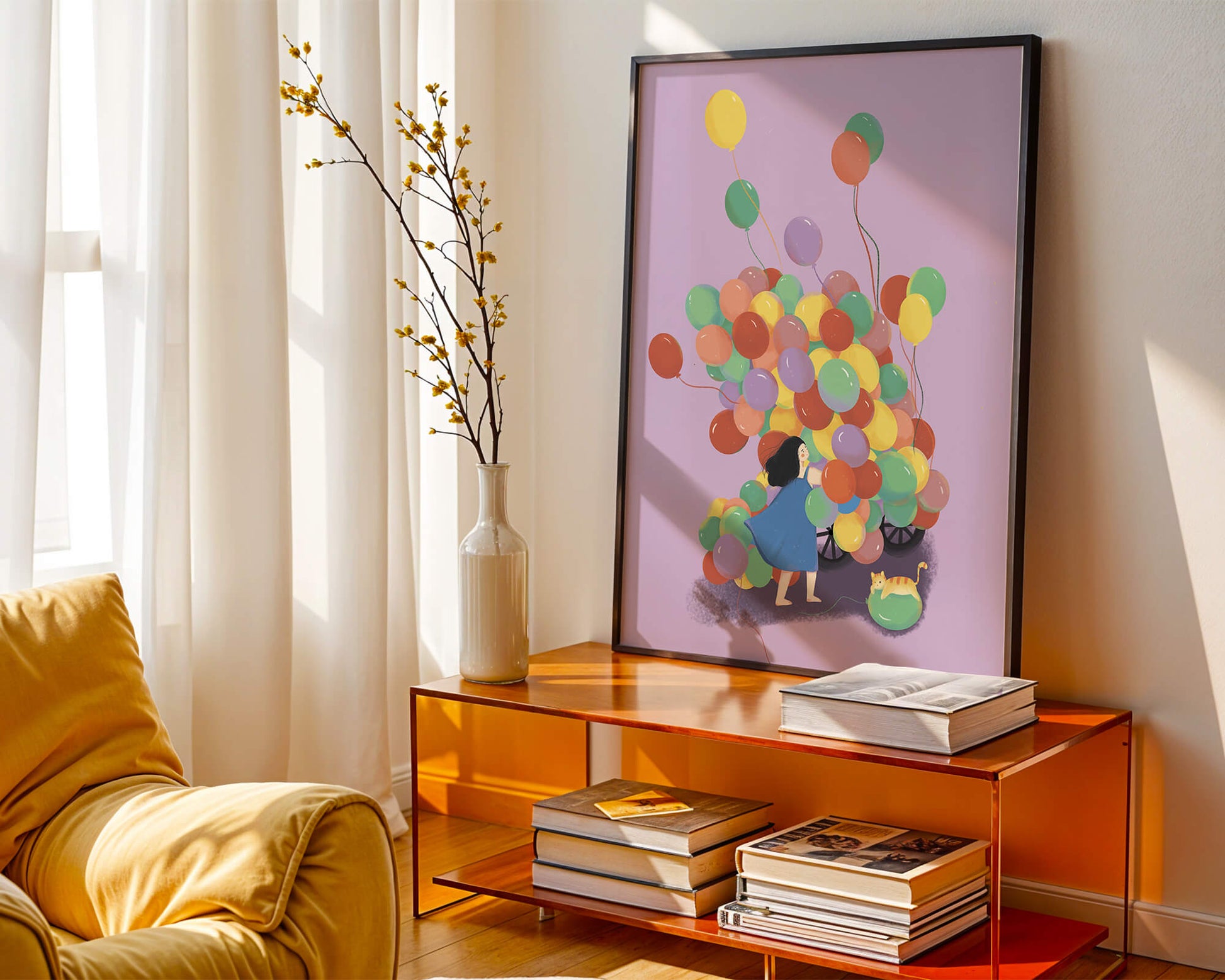Bunte Luftballons mit einem Kind und einer Katze auf violettem Hintergrund