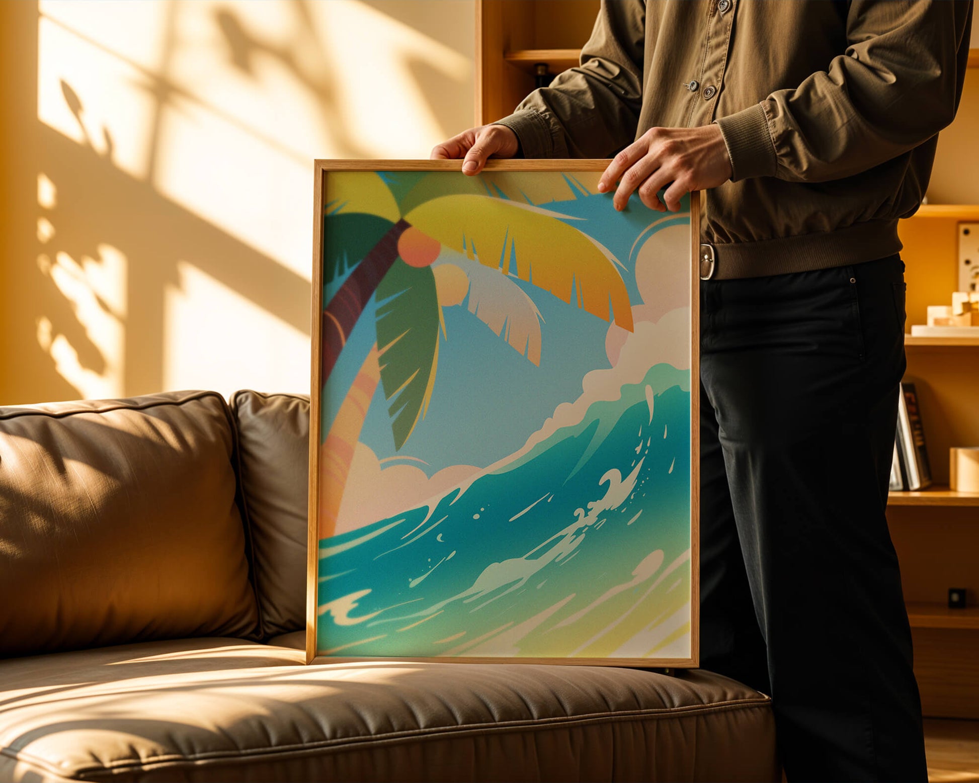 Escena vibrante de playa tropical con palmera y ola del océano