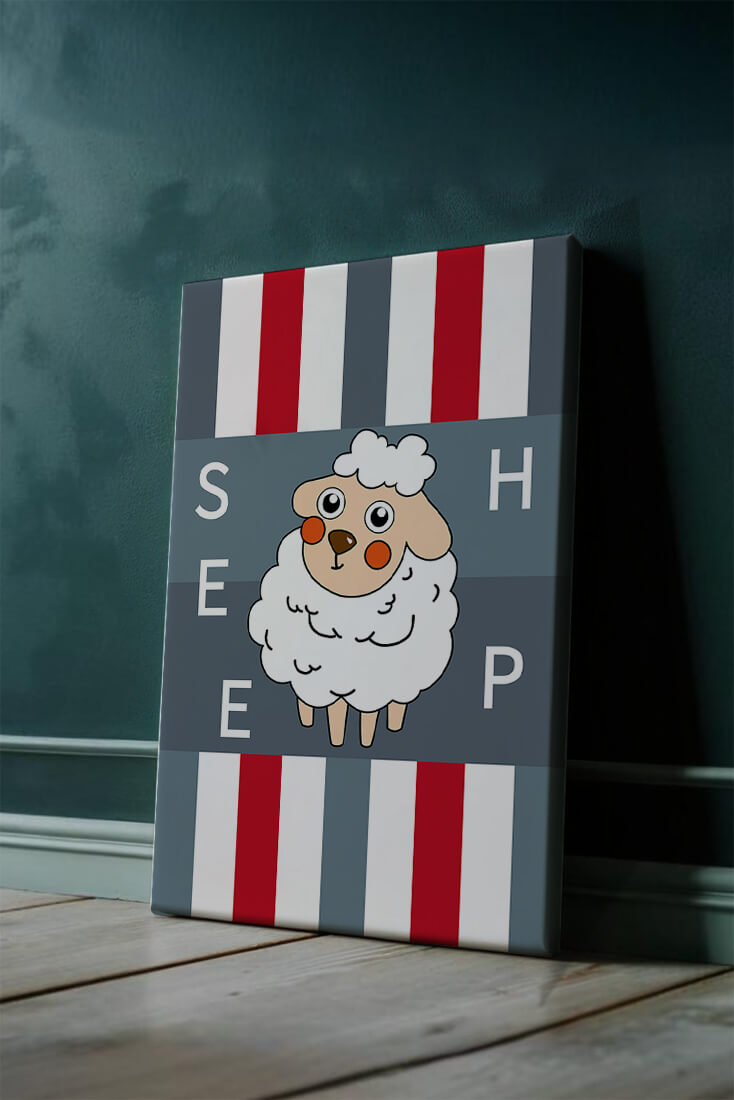 Playful sheep illustration on striped background