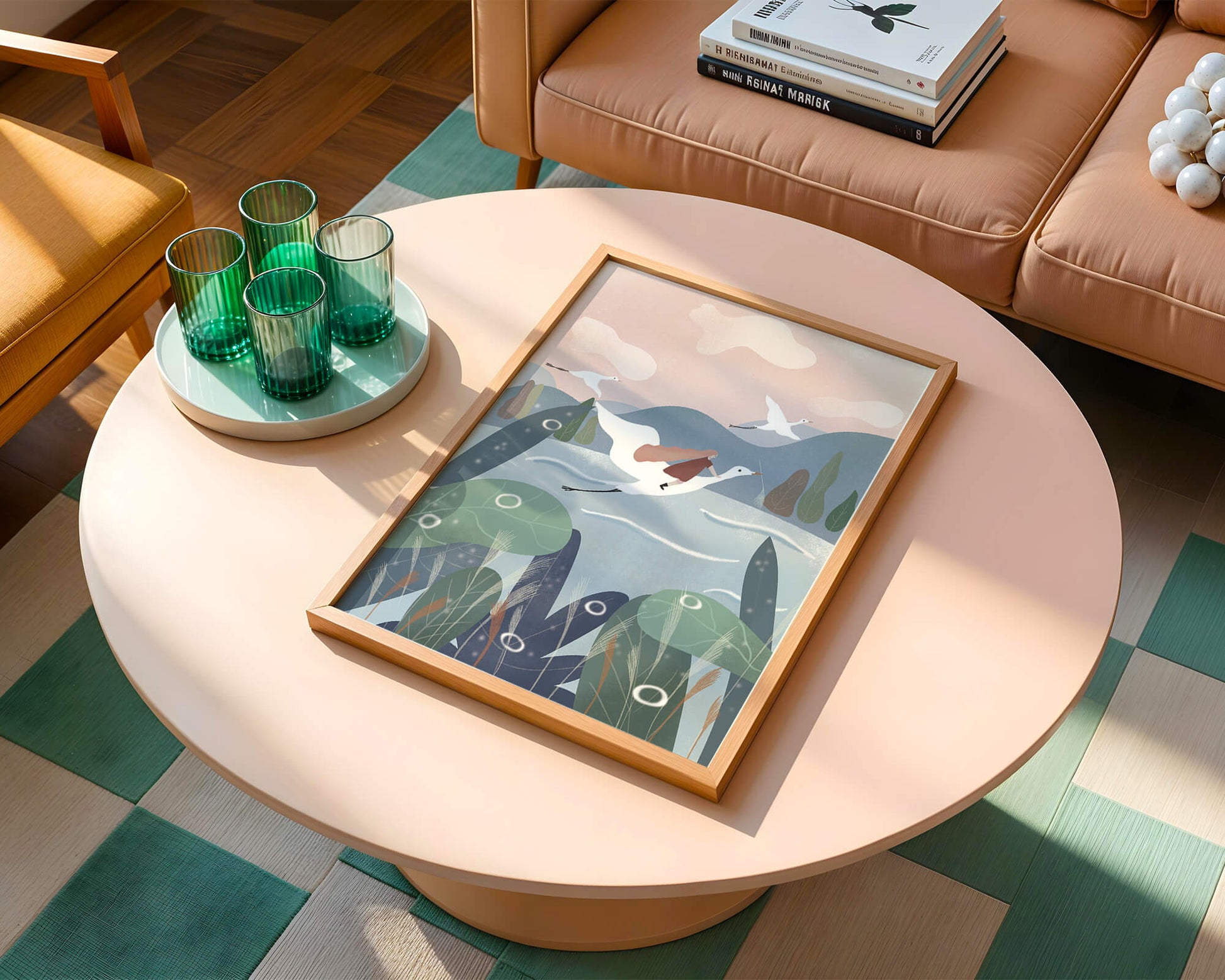 Whimsical landscape with flying birds and pink sky