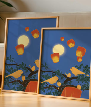 Lanterns and Birds Under the Night Sky
