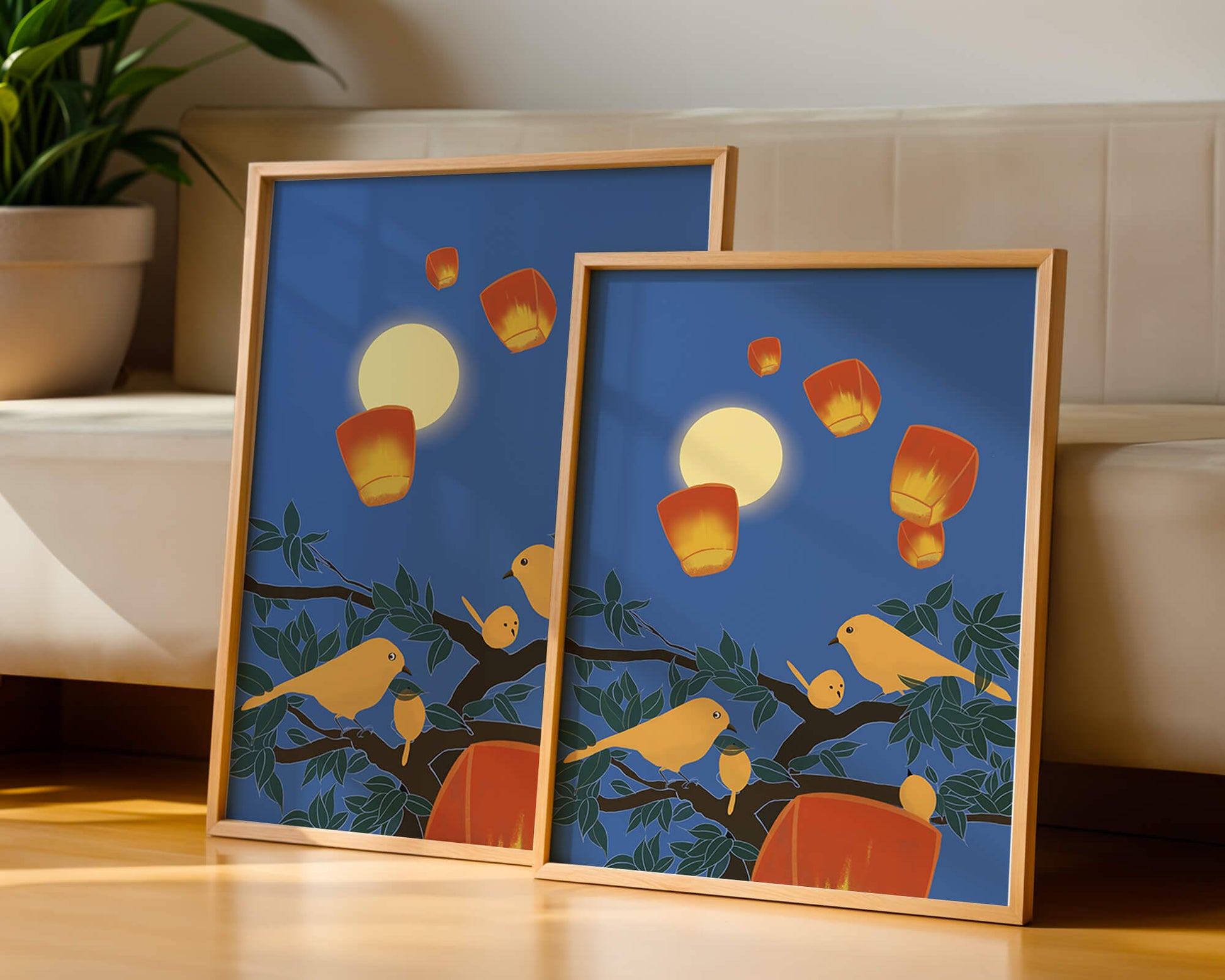 Lanterns and Birds Under the Night Sky
