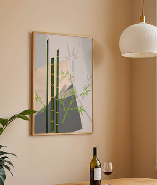 Arte minimalista de bambú con sombras abstractas de bambú