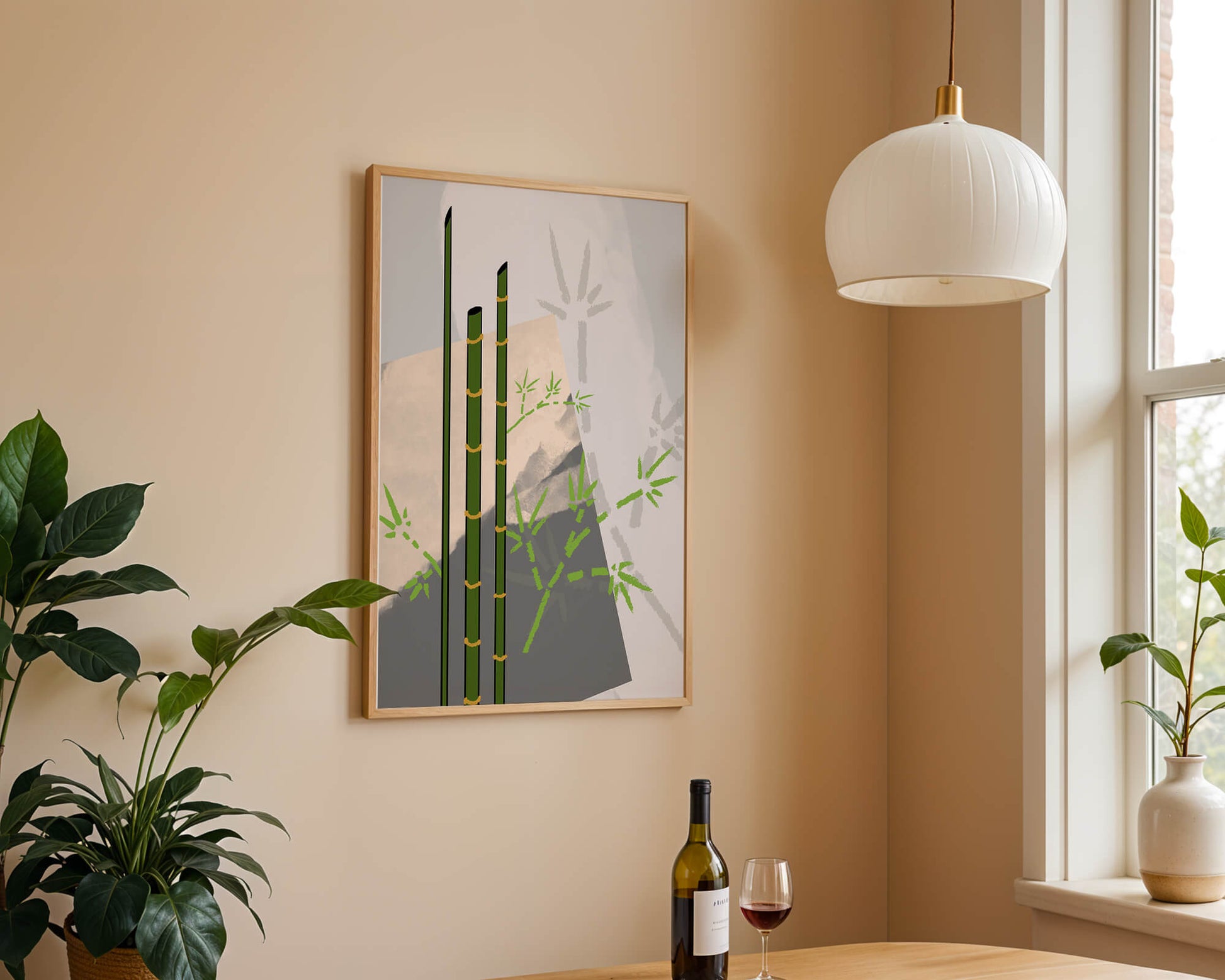 Arte minimalista de bambú con sombras abstractas de bambú
