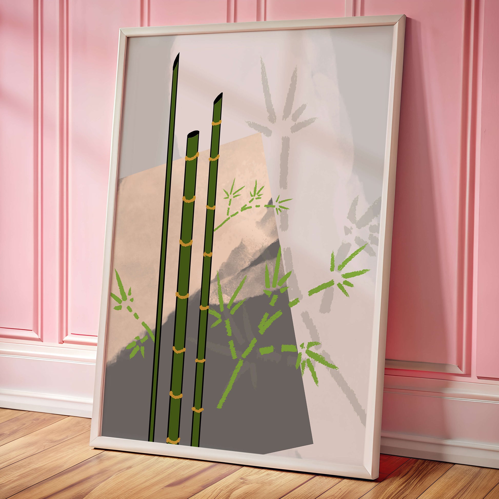 Arte minimalista de bambú con sombras abstractas de bambú