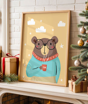 Illustration of a bear with glasses holding a tea cup against a starry background