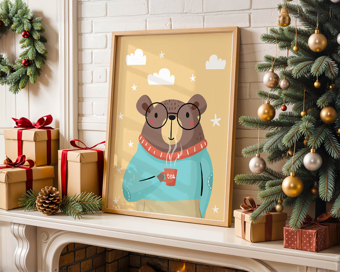 Illustration of a bear with glasses holding a tea cup against a starry background