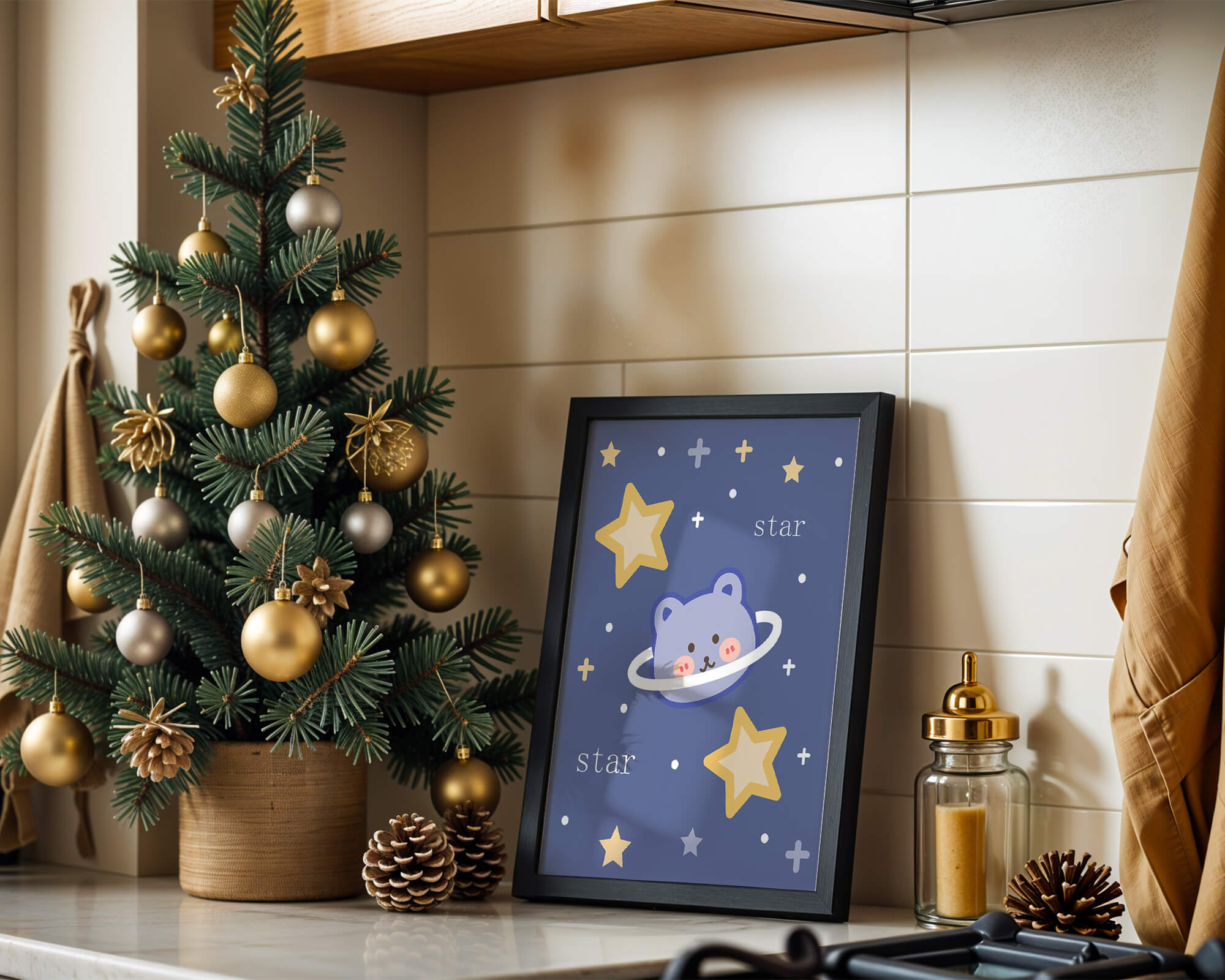 Adorable cartoon bear with stars on a blue background