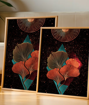 Traducción al español: Ilustración floral cósmica abstracta con elementos geométricos y acentos dorados