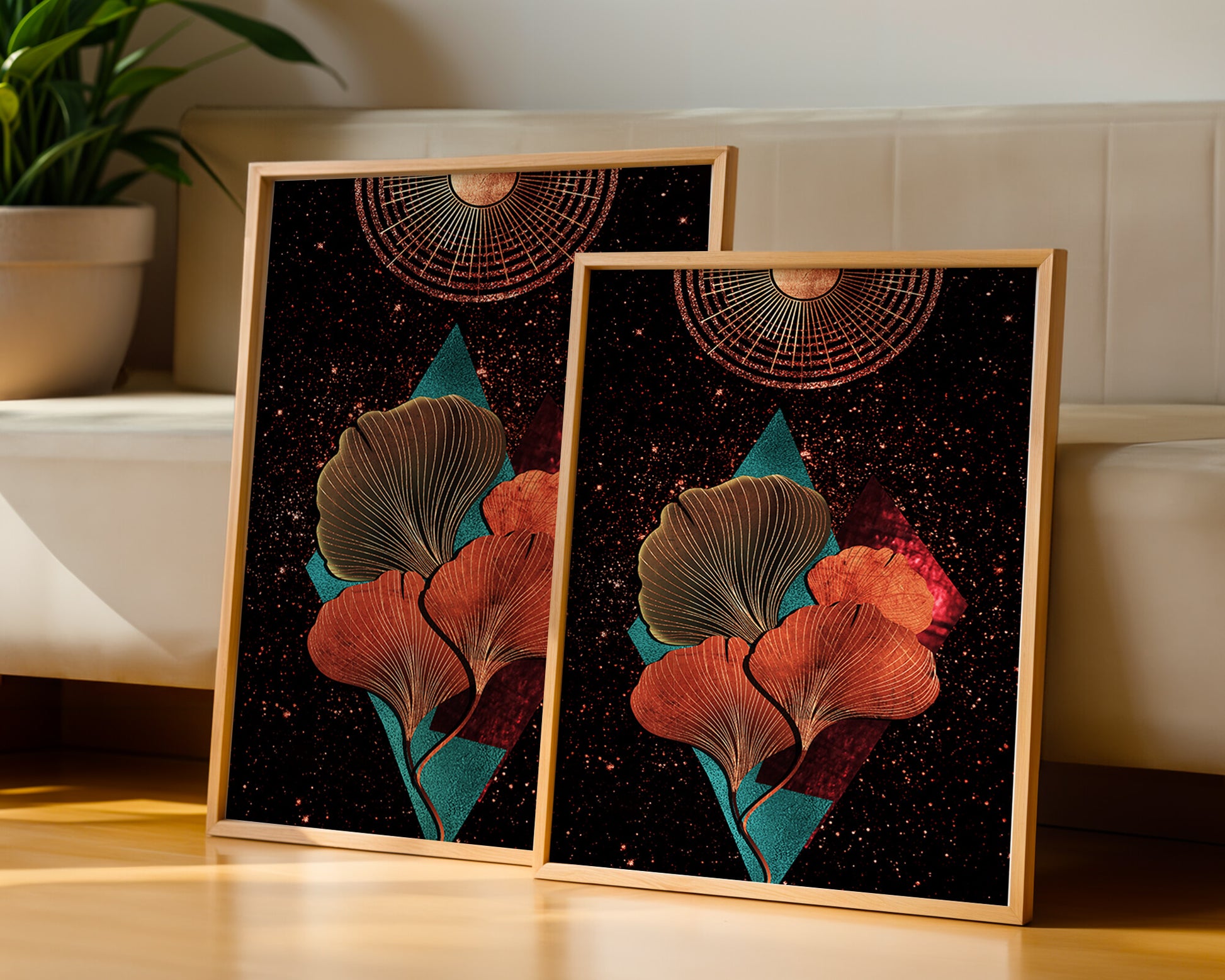 Traducción al español: Ilustración floral cósmica abstracta con elementos geométricos y acentos dorados