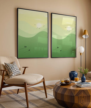 Paisaje minimalista con figuras silueteadas y aves al atardecer