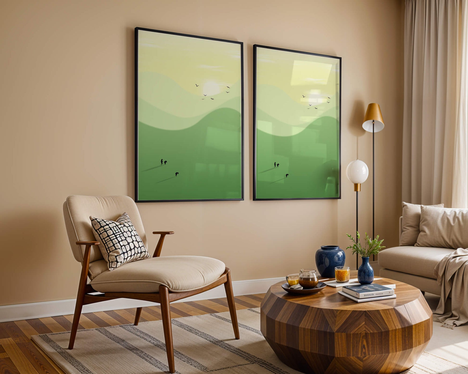 Paisaje minimalista con siluetas de personas y pájaros al atardecer
