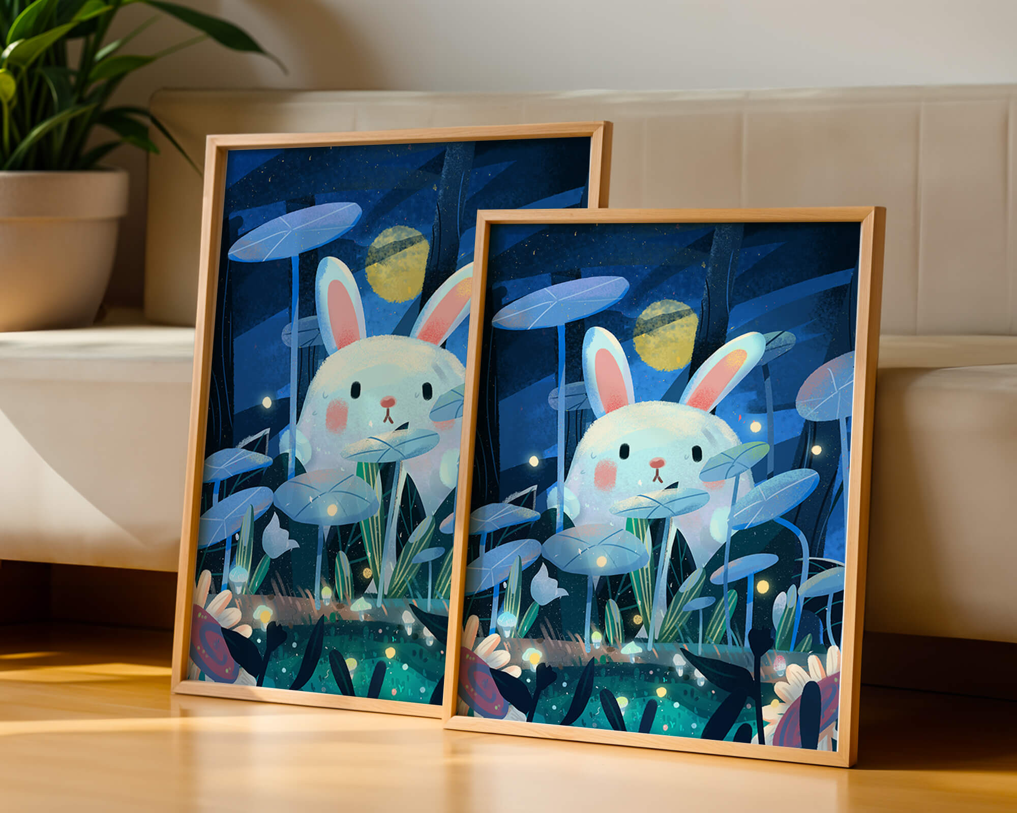 Cute rabbit in a dreamy moonlit forest