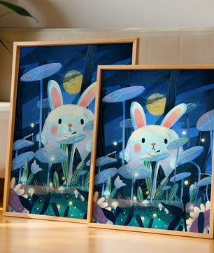 Cute rabbit in a dreamy moonlit forest