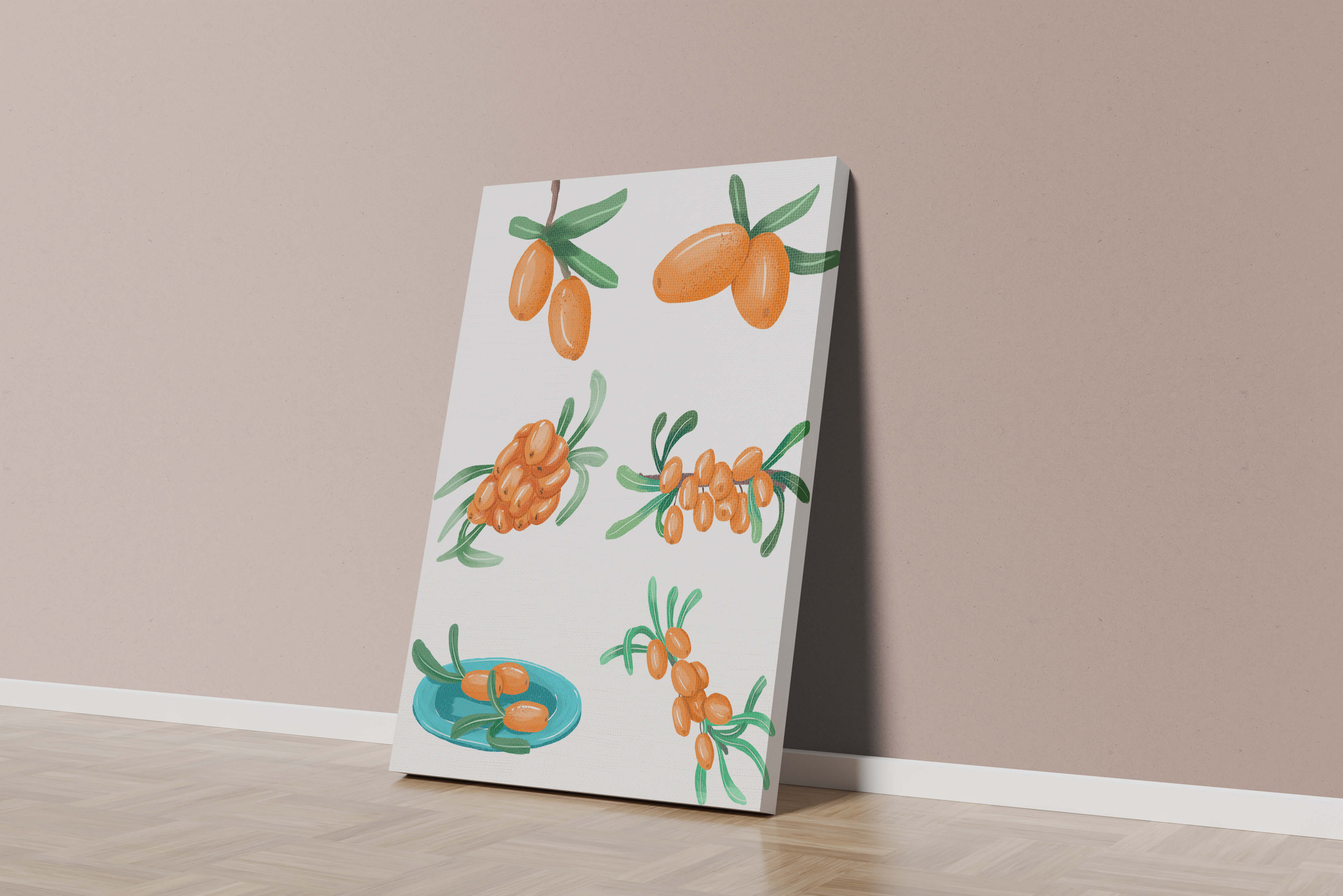 Illustrated sea buckthorn berries with leaves on black background