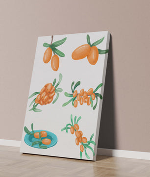 Illustrated sea buckthorn berries with leaves on black background