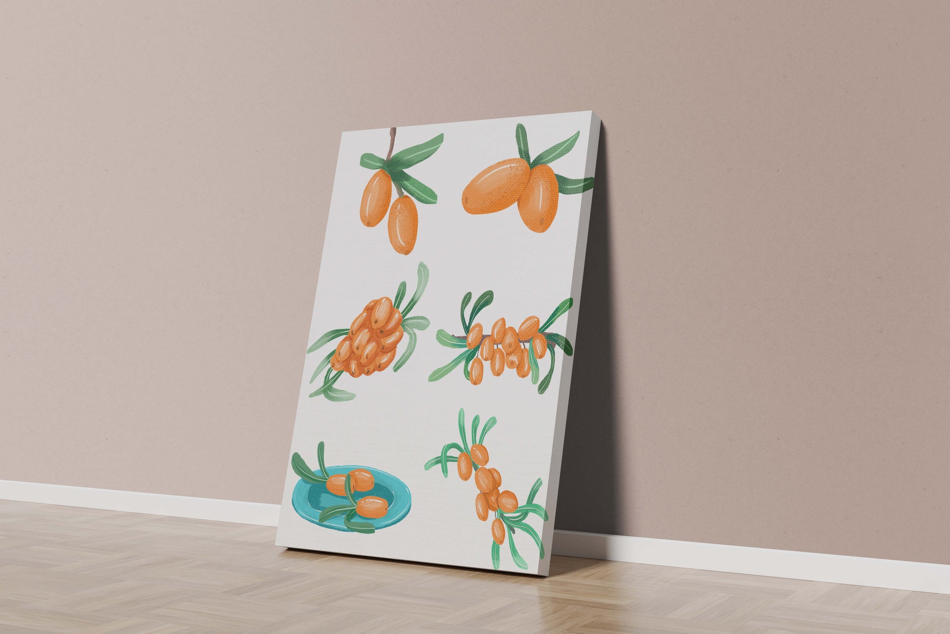 Illustrated sea buckthorn berries with leaves on black background