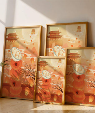 Scène de festival traditionnel chinois avec des lanternes et des raviolis