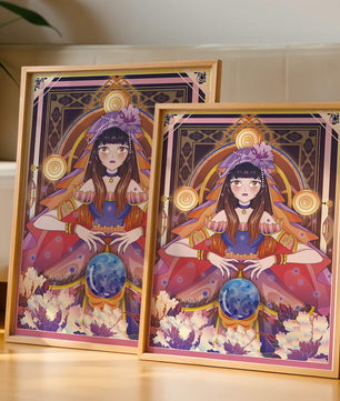 Obra de arte de fantasía con una adivina que tiene una bola de cristal y flores