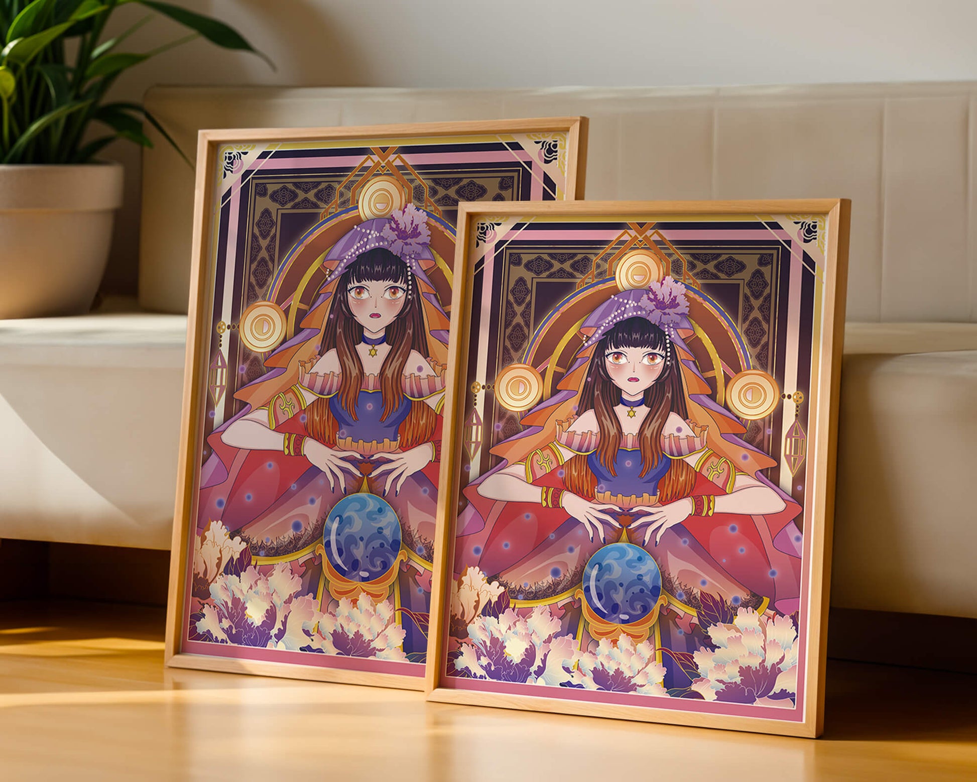 Fantasy Artwork Featuring a Fortune Teller with Crystal Ball and Flowers