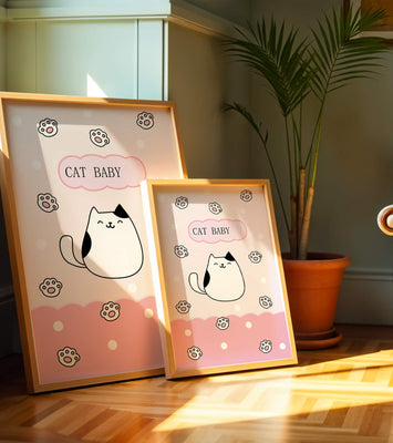 Adorable cat baby illustration with cute paw prints and polka dots