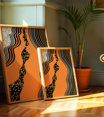 Artistic abstract design with wavy black lines and golden accents