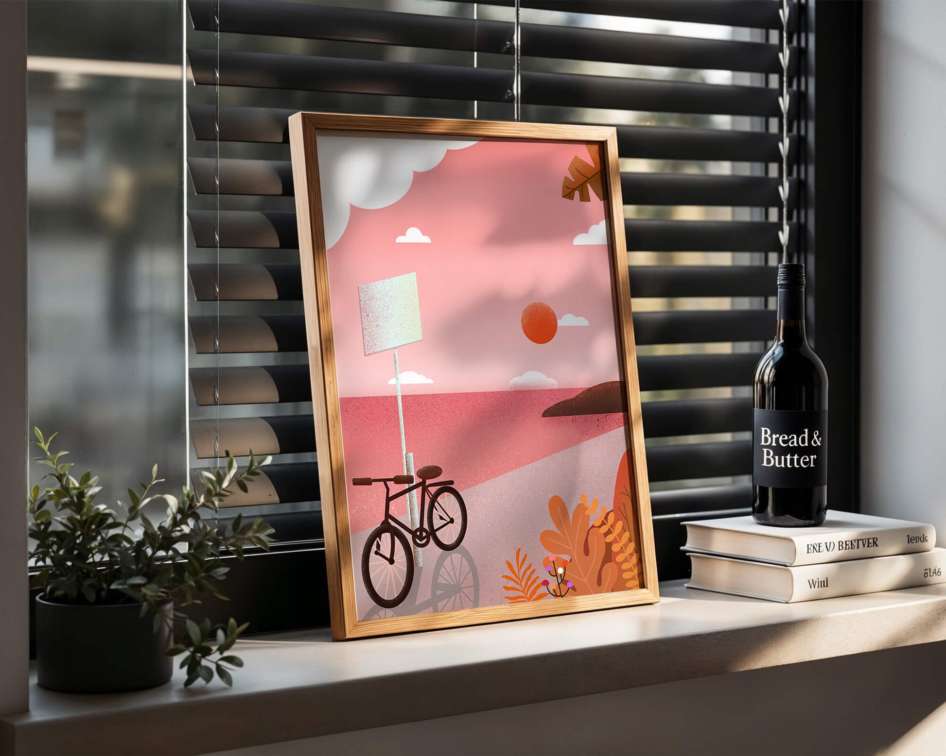 Serene sunset with bicycle by the sea in pastel colors