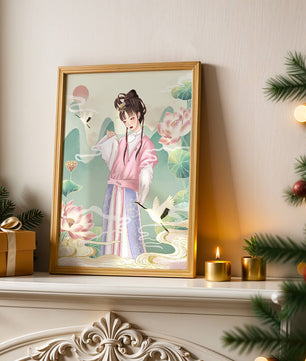 Femme élégante en tenue traditionnelle avec lotus en fleurs et grues