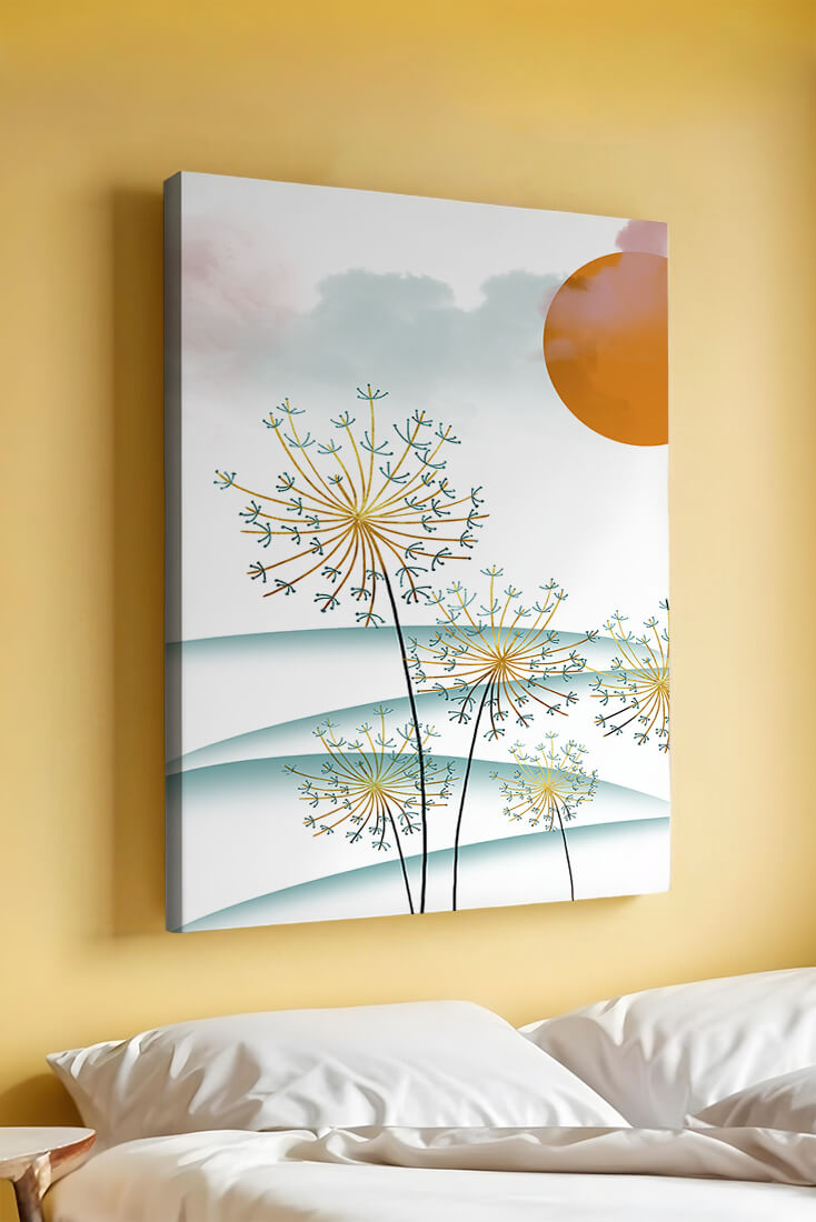 Abstrakte Landschaft mit Löwenzahn und orangefarbener Sonne