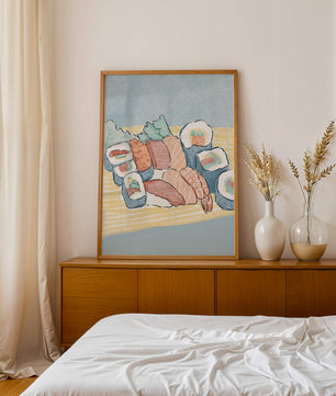 Illustration of assorted sushi rolls with shrimp and salmon on a bamboo mat