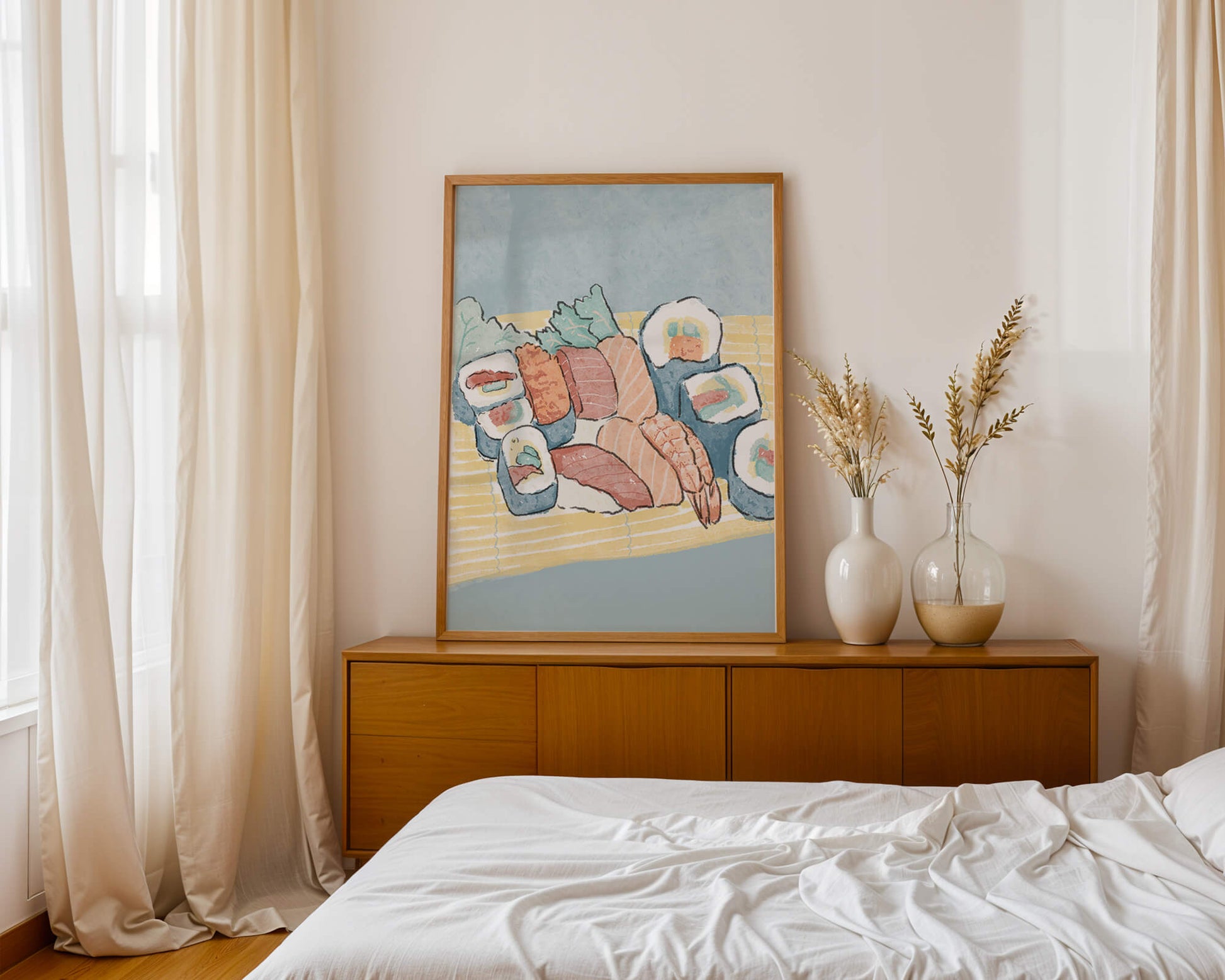 Illustration of assorted sushi rolls with shrimp and salmon on a bamboo mat