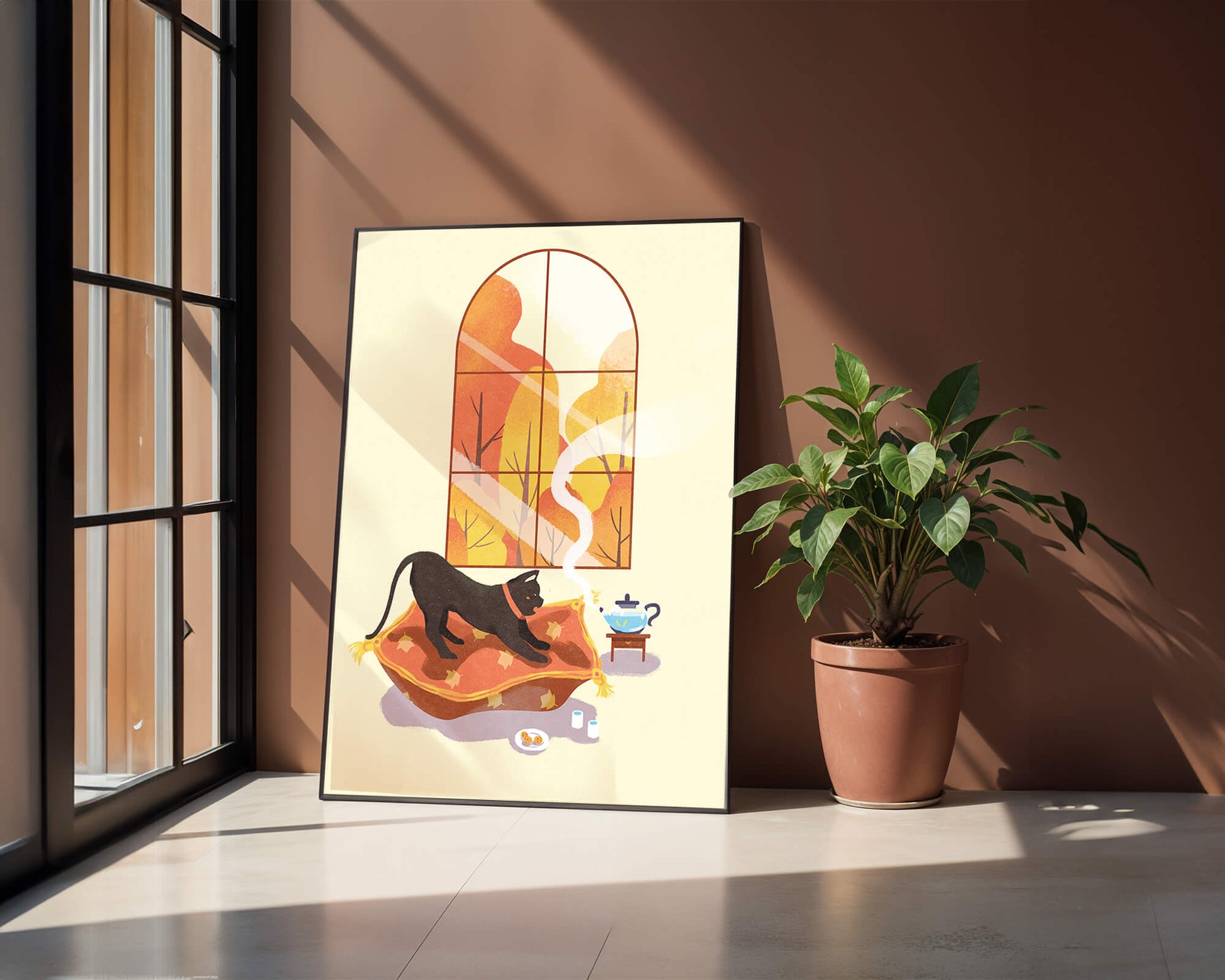 Black Cat Relaxing on Cozy Pillow with Scenic Window View