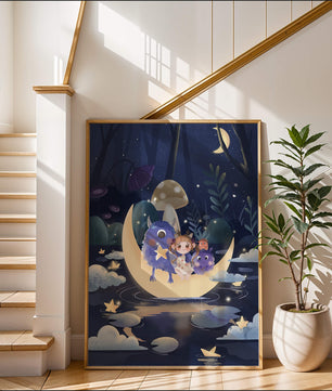 Escena nocturna onírica con un niño y monstruos amigables sobre una luna creciente