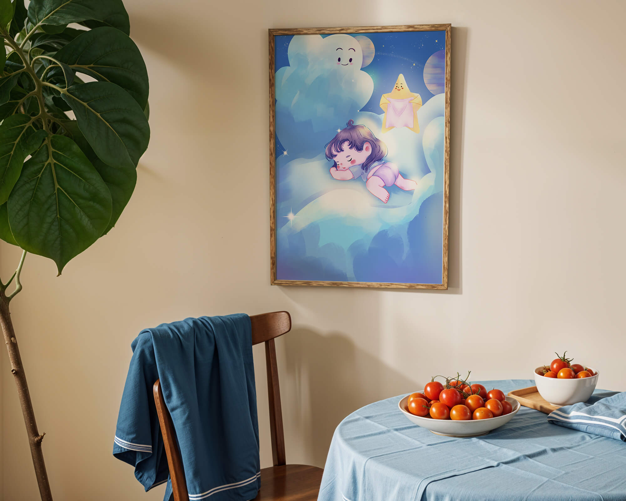 Dreamy illustration of sleeping child on clouds with smiling cloud and star