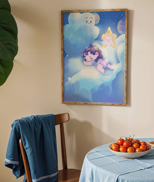 Dreamy illustration of sleeping child on clouds with smiling cloud and star