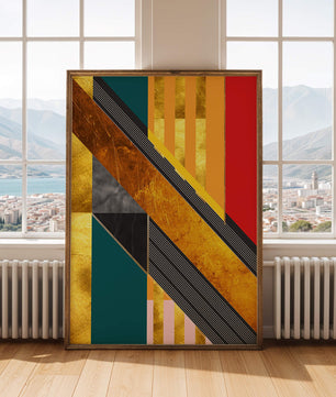 Abstract geometric design with gold accents and vibrant colors