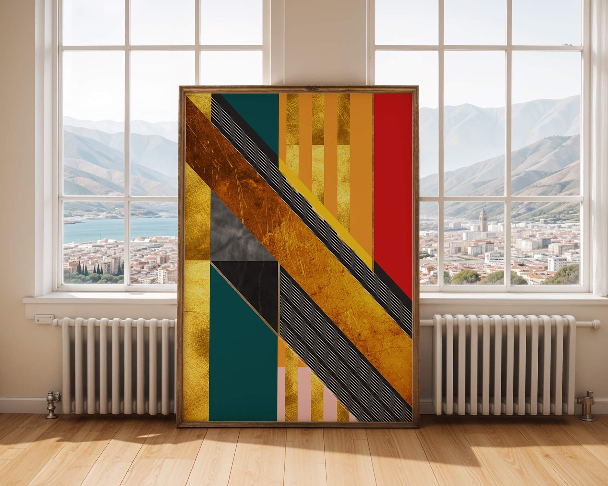Abstract geometric design with gold accents and vibrant colors