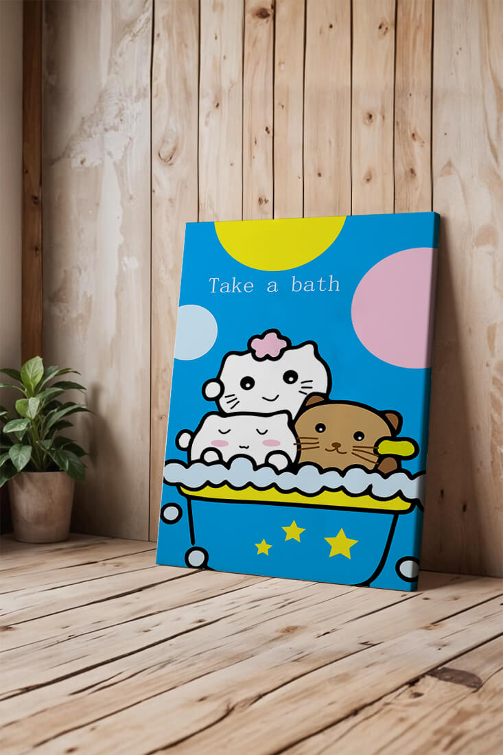 Adorable cartoon characters in a bubble bath with vibrant background