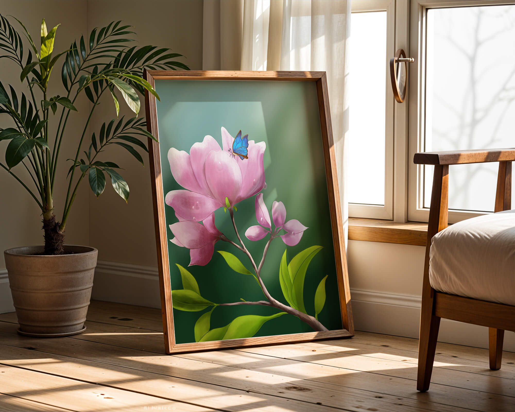 Delicate pink flower with a vibrant blue butterfly in a serene garden setting
