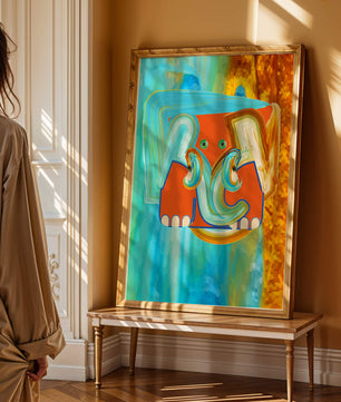 Pintura abstracta colorida de un elefante con tonos vibrantes y pinceladas artísticas